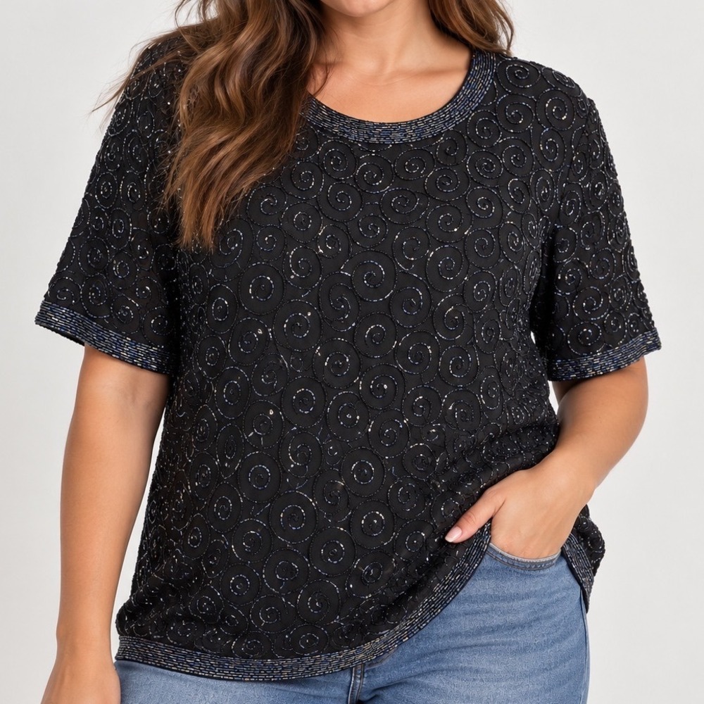 Parisian Room XL 100% SILK Black Hand Beaded Swirl Vintage Evening Top